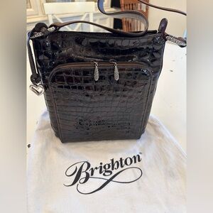 Brighton SONNY Dark Brown Croc-Embossed Patent Organizer Bag W/Dust Bag - NWOT